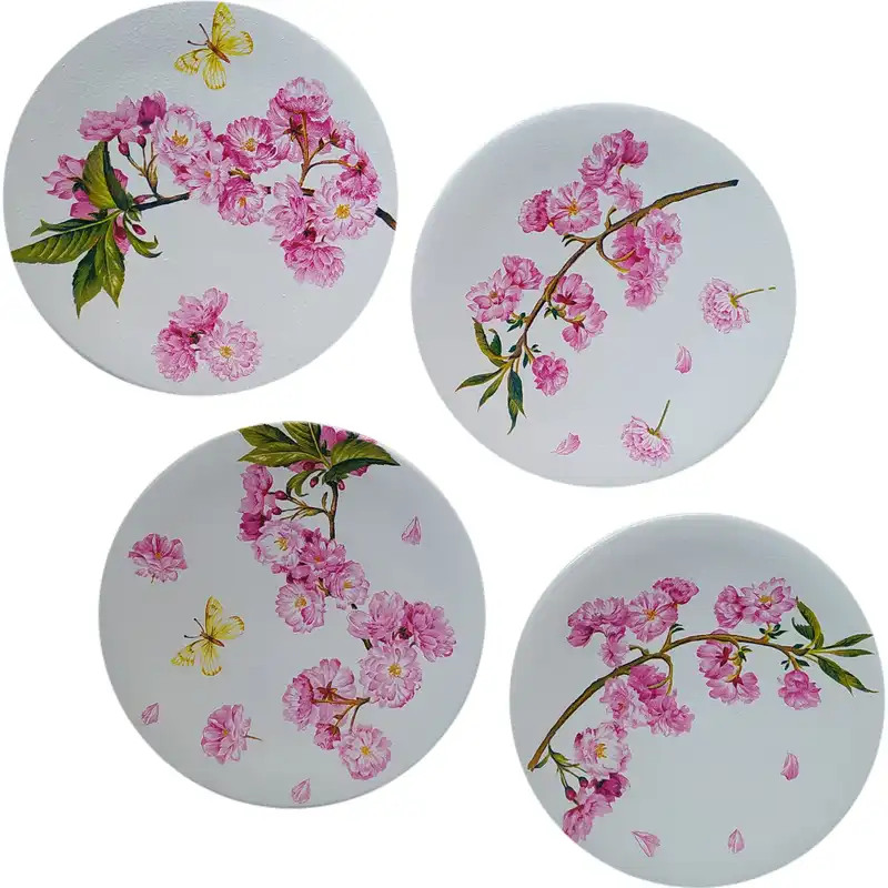 بشقاب دیوارکوب سفالی مدل شکوفه بهاری مجموعه 4 عددی