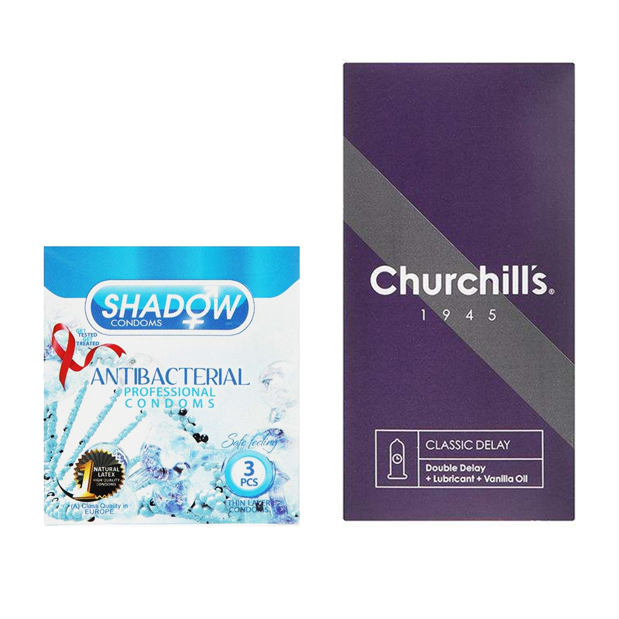 کاندوم چرچیلز مدل Classic Delay بسته 12 عددی به همراه کاندوم شادو مدل Anti Bacterial بسته 3 عددی