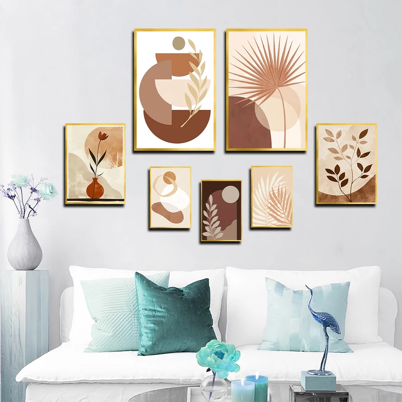 تابلو بکلیت طرح نقاشی مینیمال مدل T-3395 فریم طلایی مجموعه 7 عددی