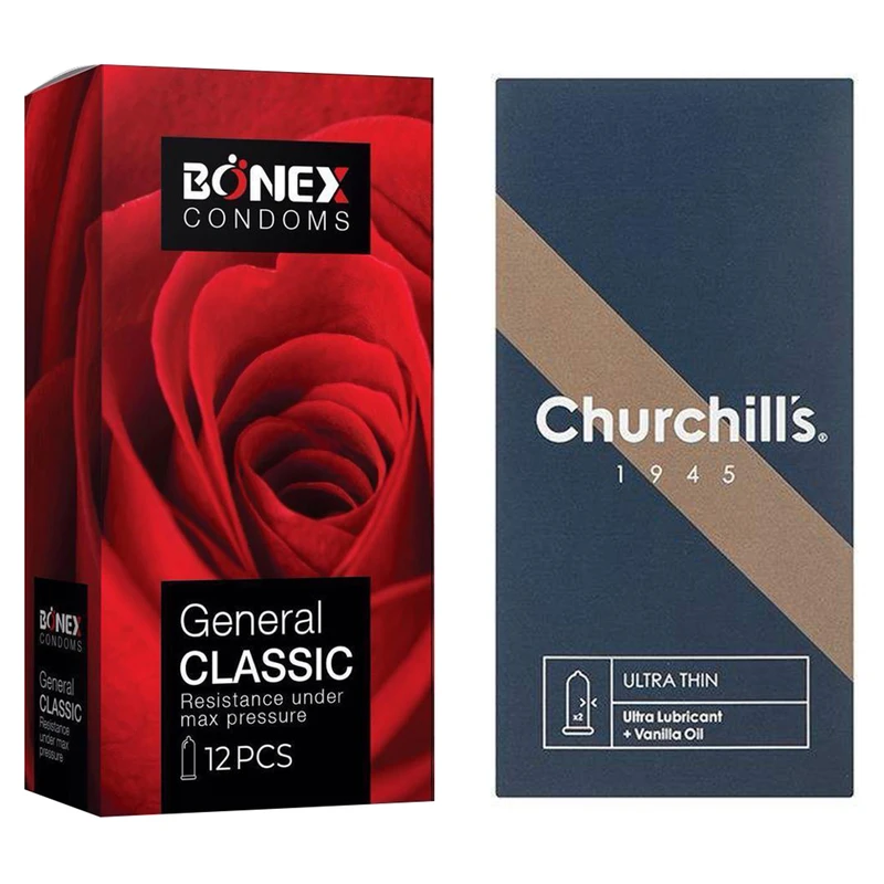کاندوم چرچیلز مدل Ultra Thin بسته 12 عددی به همراه کاندوم بونکس مدل General Classic بسته 12 عددی