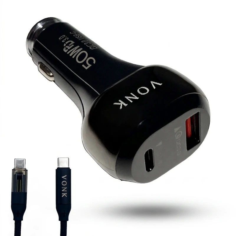 شارژر فندکی 50 وات دو پورت وونک مدل VC--50 به همراه کابل usb-C