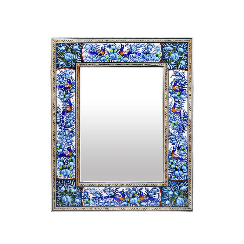 آینه خاتم کاری مدل مینیاتور برجسته طرح گل و مرغ کد 3428Bl