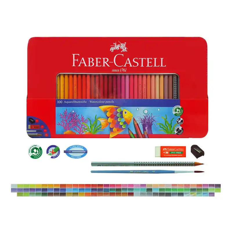 مداد آبرنگی 100 رنگ فابر کاستل مدل CLASSIC کد 115967 به همراه پاک کن و تراش و قلم مو