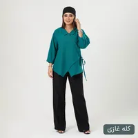 شومیز زنانه السانا مدل مالنا آستین بلند با یقه برگردان، جنس لینن نازک، تنخور معمولی، قد روی باسن، بسته شدن بندی، مناسب استفاده روزمره و رسمی