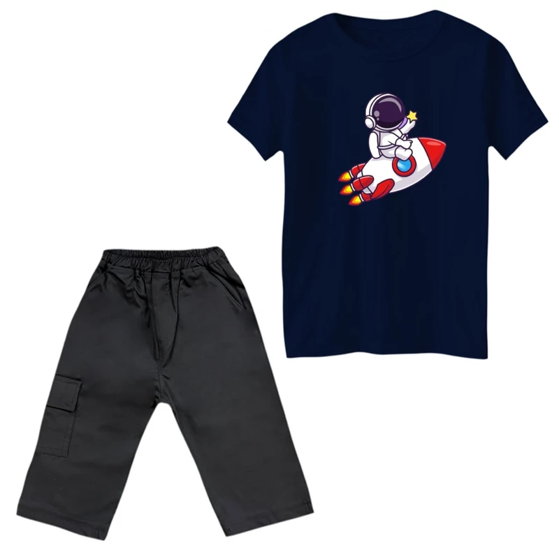 ست تی‌شرت و شلوارک پسرانه مدل فضانورد کد 2 رنگ سرمه ای