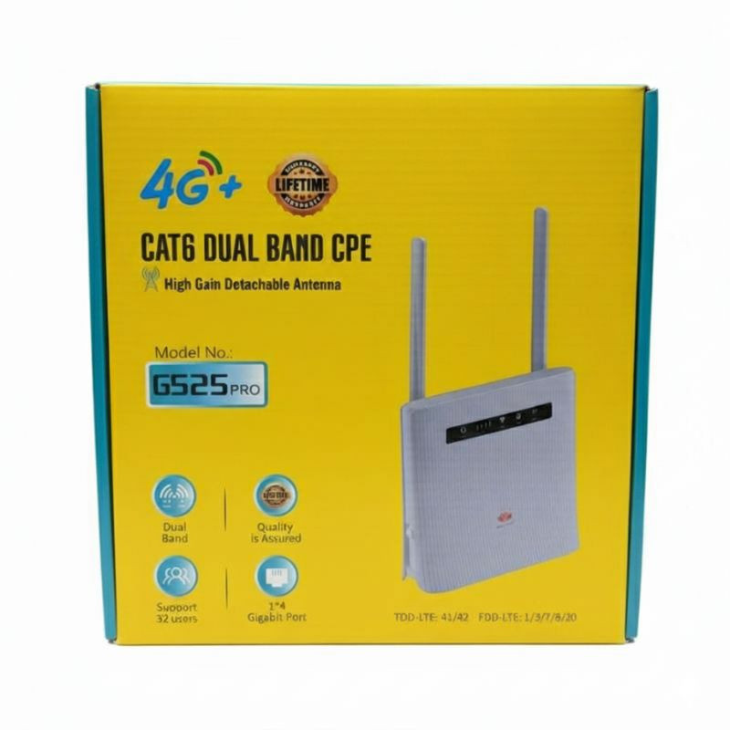 مودم سیم‌کارتی 4G دو آنتنه On-Link مدل g525PRO با پشتیبانی از فناوری TD-LTE و 4.5G، قابلیت اتصال همزمان 32 کاربر، وای‌فای دو بانده 2.4 و 5 گیگاهرتز، پورت LAN با پشتیبانی از کابل CAT6 و امنیت WPA/WPA2