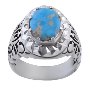 انگشتر نقره مردانه بازرگانی میلادی مدل فیروزه نیشابور طبیعی رکاب دستساز کد AM_162