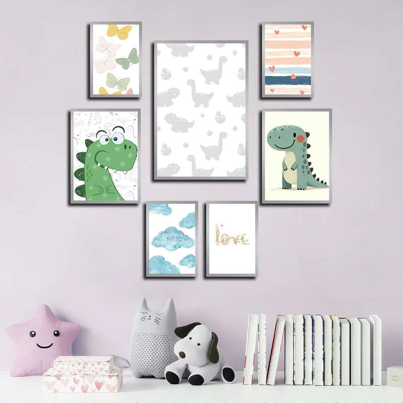 تابلو بکلیت طرح نقاشی کودکانه و فانتزی مدل SI-3695 فریم نقره ای مجموعه 7 عددی