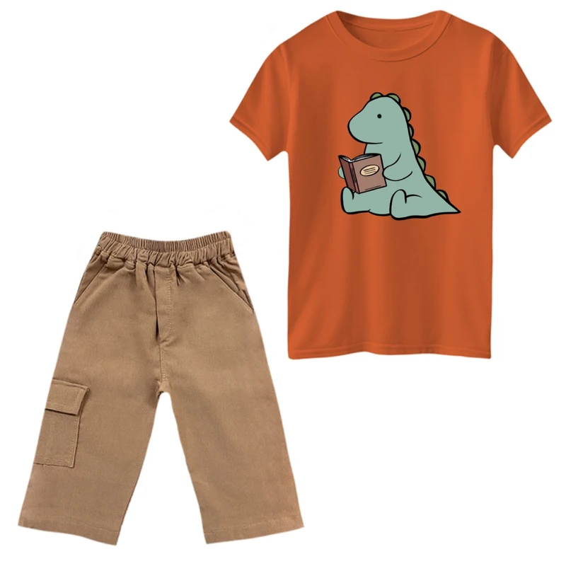 ست تی‌شرت و شلوارک پسرانه مدل دایناسور و کتاب