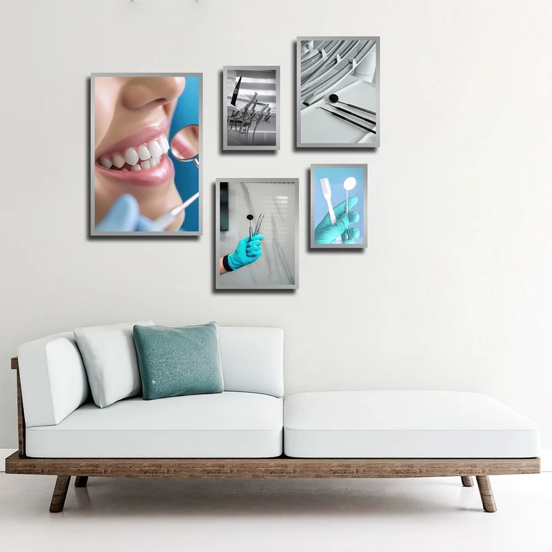 تابلو بکلیت طرح لبخند و ابزار دندانپزشکی مدل SI-3906 فریم نقره ای مجموعه 5 عددی