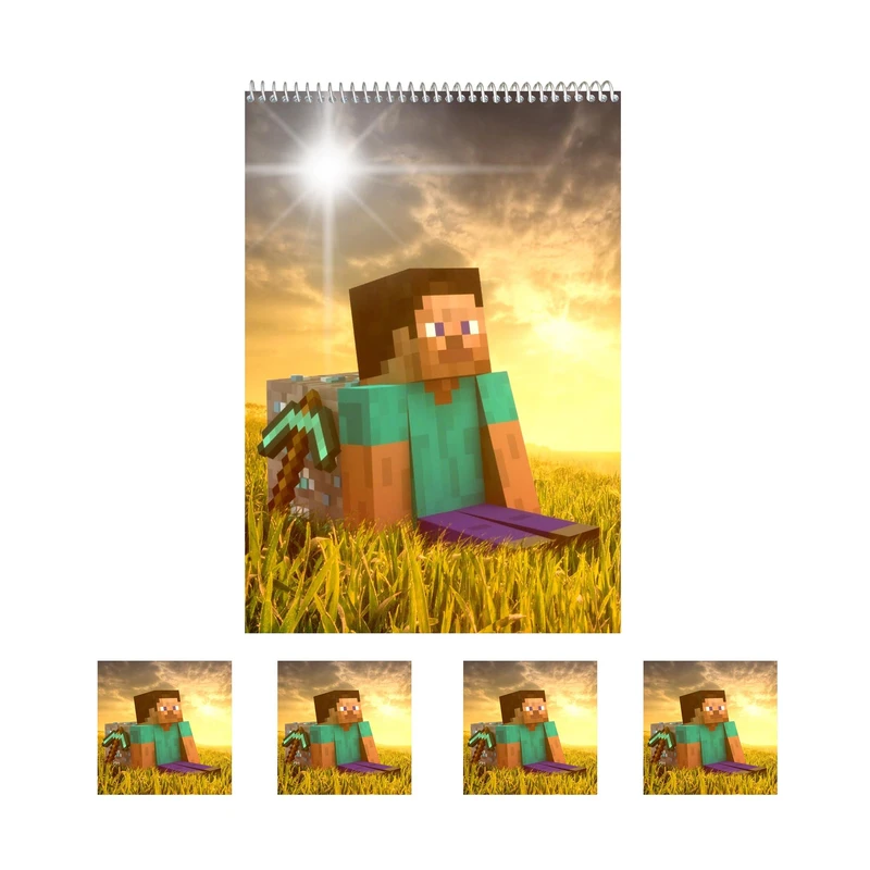 دفتر نقاشی 50 برگ مدل بازی ماینکرافت کد A4 به همراه برچسب مجموعه 5 عددی