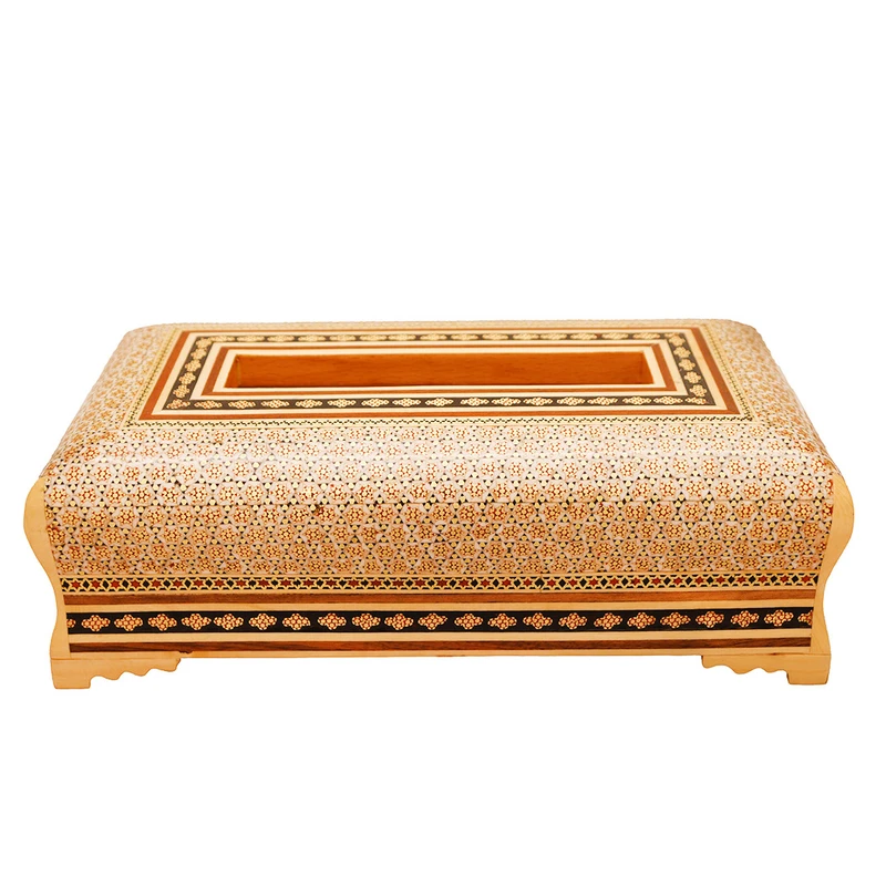 جعبه دستمال کاغذی خاتم کاری چوبی صنایع دستی فاخر کد HQGold