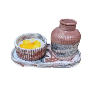 ست 3 تکه گلدان و جا شمعی بتنی مدل مراکشی