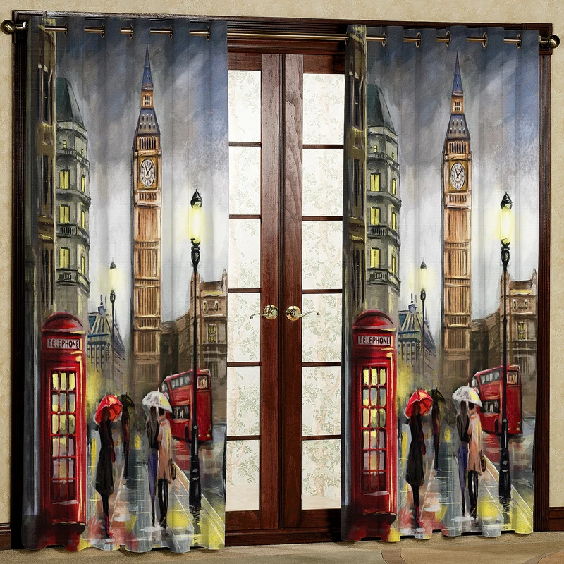  پرده مدل برج ساعت و شهر مخمل پانچی کد 335 سایز 140x280 سانتی متر