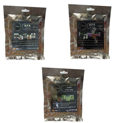 کود فسفر ریشه زایی (10-52-10)و گلدهی (36-12-12) و کنفیدور مدل raw material وزن 150 گرم بسته 3 عددی