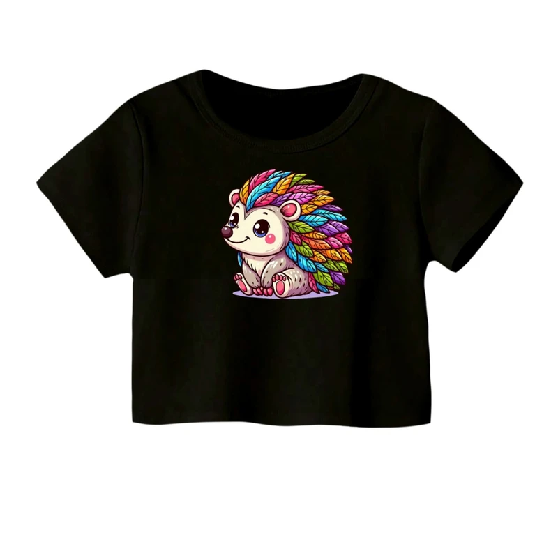 کراپ‌ تی‌شرت آستین کوتاه زنانه مدل خارپشت رنگی کد 01 رنگ مشکی