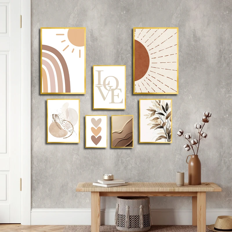 تابلو بکلیت طرح نقاشی مینیمال خورشید و قلب مدل T-3637 فریم طلایی مجموعه 7 عددی