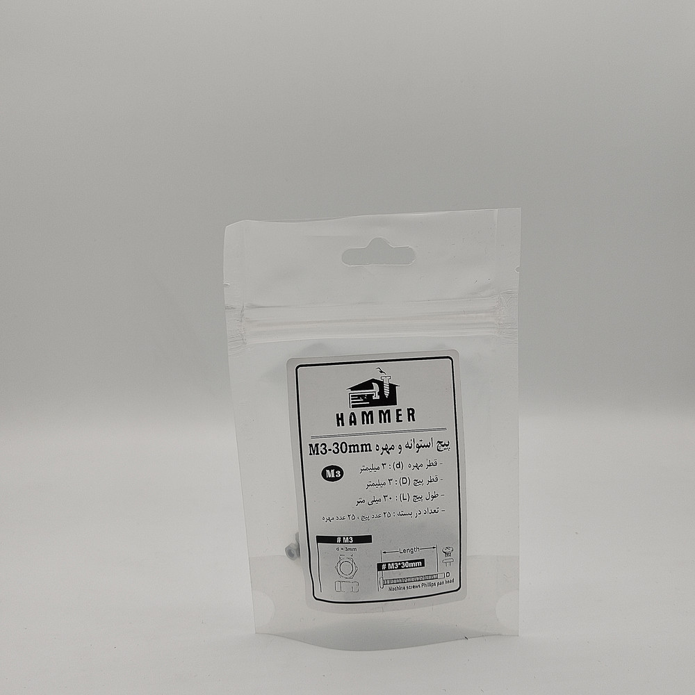 پیچ و مهره هامر مدل استوانه کد M3-30mm بسته 50 عددی