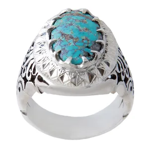 انگشتر نقره مردانه بازرگانی میلادی مدل  فیروزه طبیعی نیشابور رکاب دست ساز استاد کد AM_1032