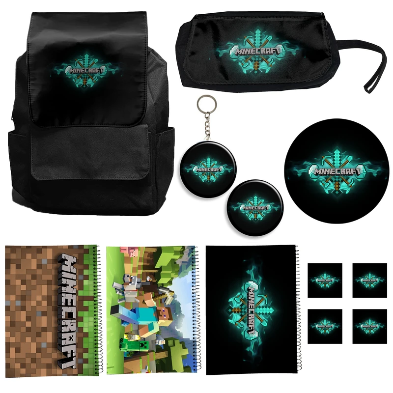کوله پشتی مدل ماینکرفت کد Minecraft A2 به همراه دفتر مشق و جامدادی و زیر لیوانی و جاکلیدی مجموعه 12 عددی