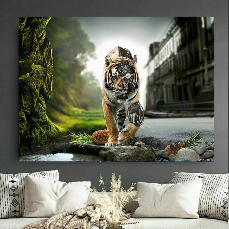 تابلو بوم طرح مخمل ببر مدل طبیعت و تکنولوژی کد BK24091