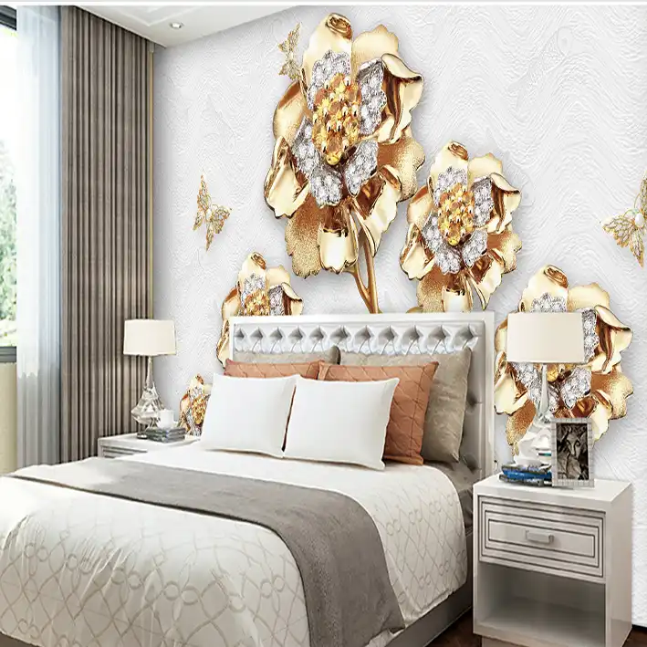 پوستر دیواری سه بعدی مدل شاخه گل نگینی طلایی DRVF1224