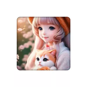 زیرلیوانی طرح دختر و گربه و گل رز نارنجی کد 4564614