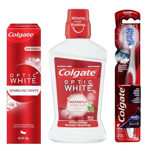 خمیر دندان کلگیت مدل Optic White حجم 100 میلی لیتر به همراه دهانشویه حجم 500 میلی لیتر و مسواک با برس متوسط
