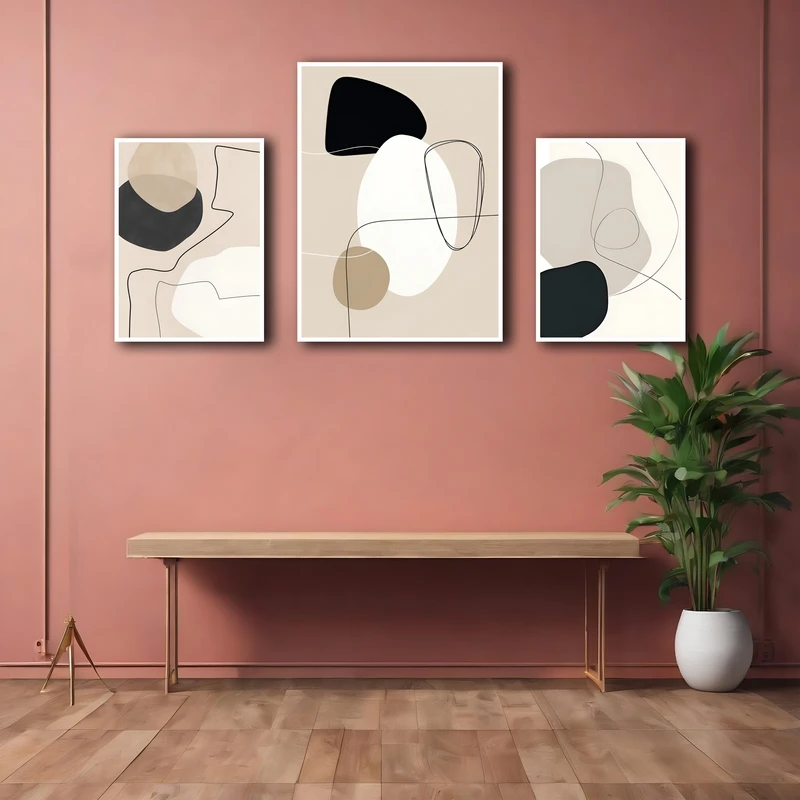 تابلو بکلیت مدل قاب شاسی طرح دکوراتیو مینیمال و هنری کد W-MR-1117  فریم سفید مجموعه 3 عددی