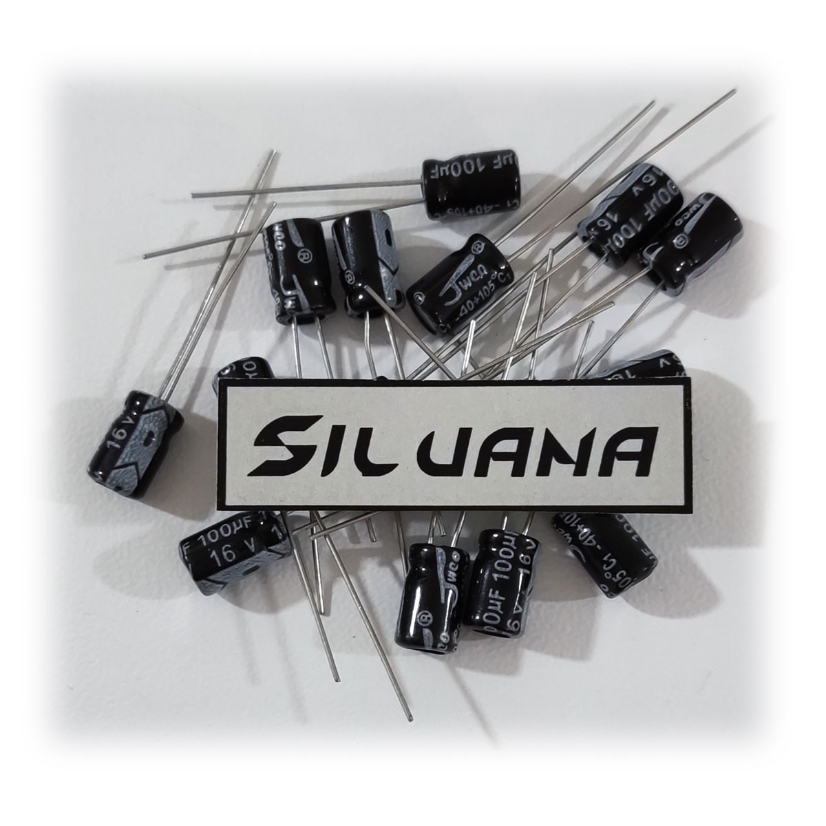 خازن الکترولیت 100 میکرو فاراد 16 ولت جی دبلیو کو کد Silvana-C05 بسته 50 عددی