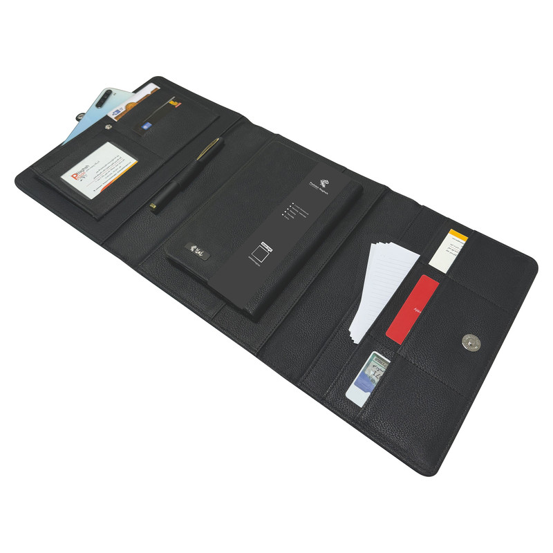 سالنامه 1404پدیده نقش مدل چرمی مشکی به همراه روان نویس و دفتر یادداشت و جعبه هاردباکس