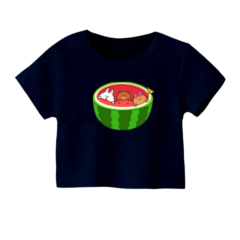 کراپ‌ تی‌شرت آستین کوتاه زنانه مدل حیوانات و هندوانه یلدایی کد 1