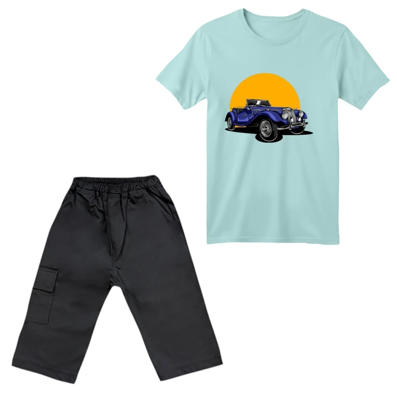 ست تی‌شرت آستین کوتاه و شلوارک پسرانه مدل ماشین ابی