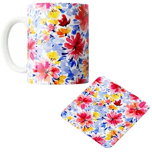 ماگ پاد آفرین مدل بهار طرح گل و برگ کد PZ305 به همراه زیرلیوانی