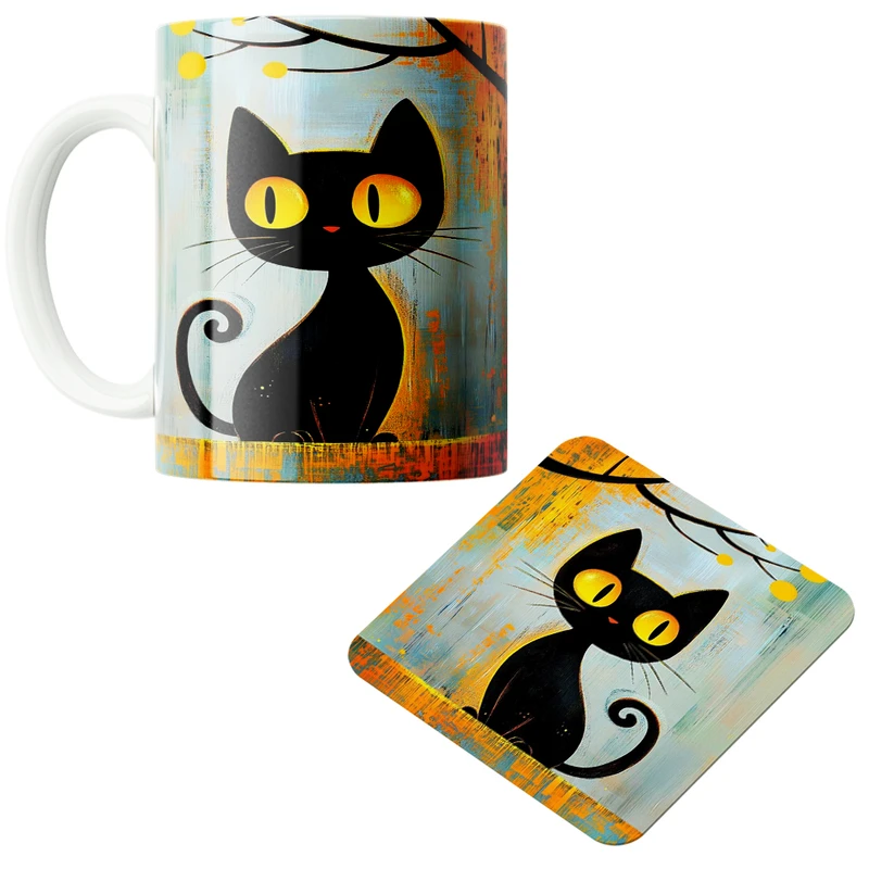 ماگ پاد آفرین مدل گربه بامزه کد z466 به همراه زیر لیوانی