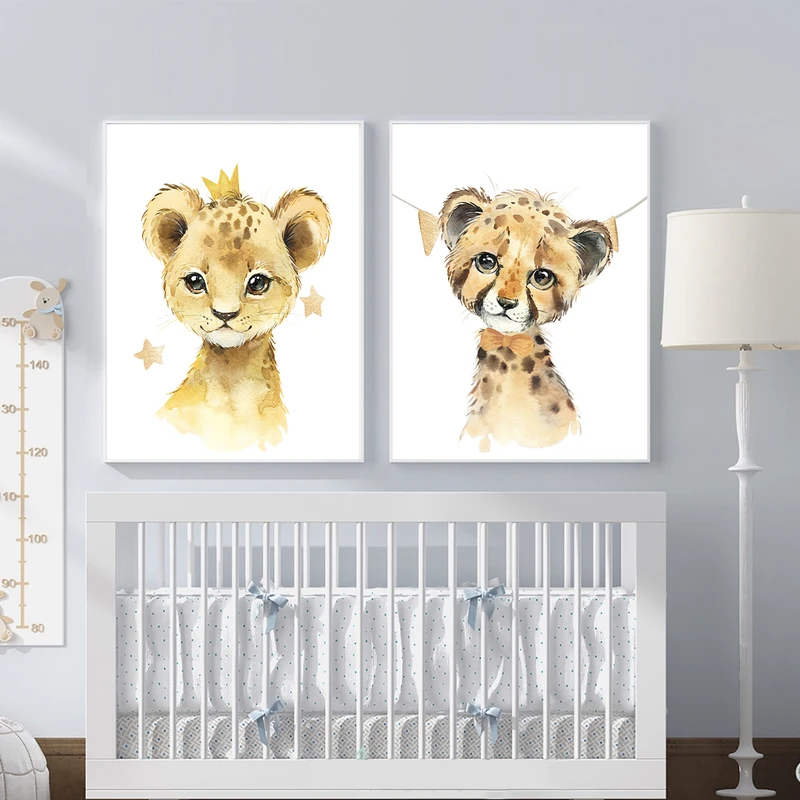 تابلو اتاق کودک و نوزاد الفاپ مدل ببر و شیر کد Watercolore Animals 002 مجموعه 2 عددی
