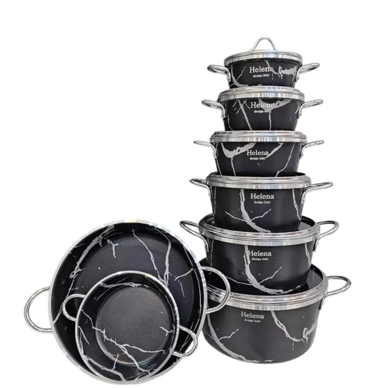 سرویس قابلمه و تابه تفلون ۱۴ پارچه هلنا مدل ماربل