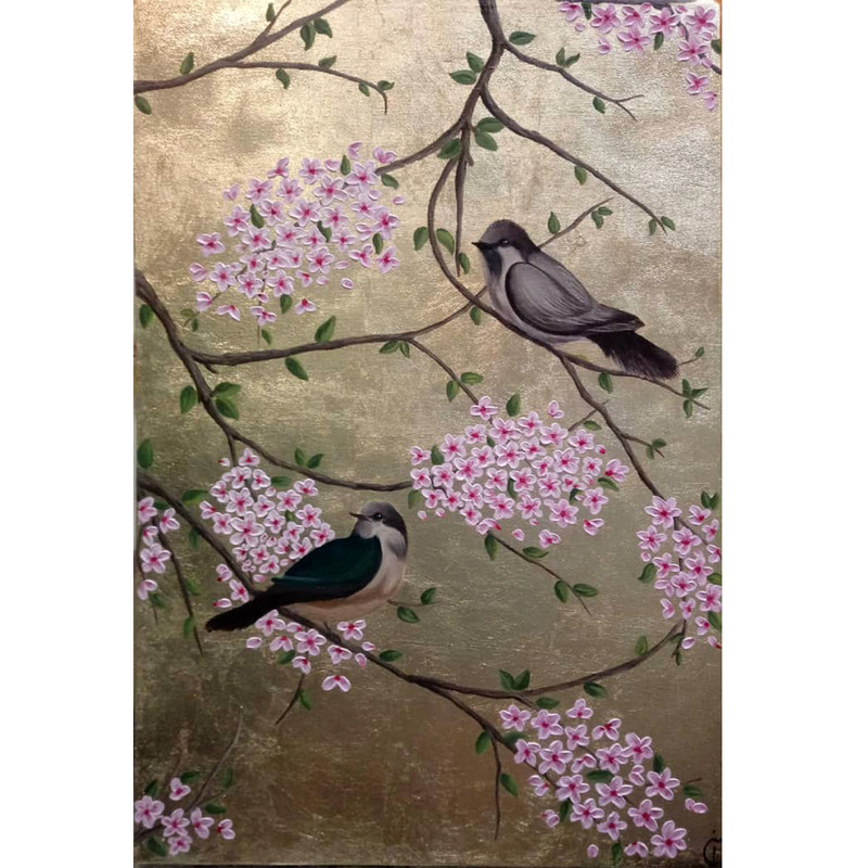 تابلو نقاشی رنگ و روغن طرح گل و مرغ 