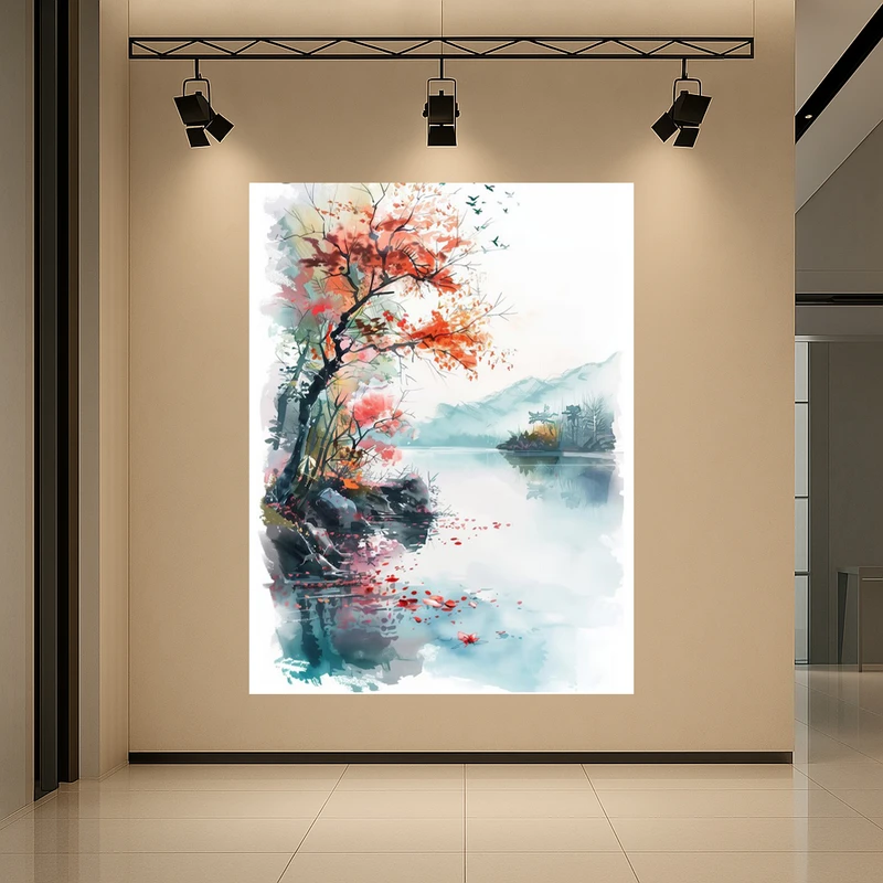 تابلو بوم طرح مخمل نقاشی درخت پاییزی مدل رودخانه آرام کد AR3060599