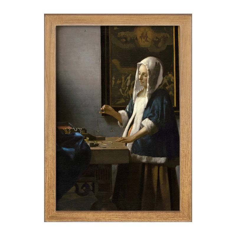 تابلو خندالو مدل نقاشی زن با ترازویی در دست اثر یوهانس فرمیر کد F12429