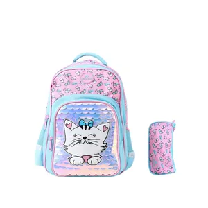 کوله پشتی مدرسه گلوسی برد طرح پولک گربه ای به همراه جامدادی