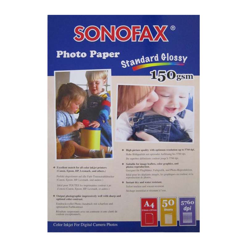 کاغذ عکس گلاسه سونوفکس مدل Standard Glossy 150GSM سایز A4 بسته 50 عددی کاغذ عکس گلاسه سونوفکس مدل Standard Glossy 150GSM سایز A4 بسته 50 عددی