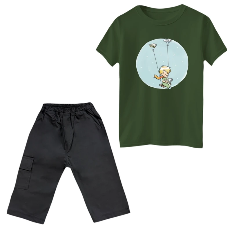 ست تی‌شرت و شلوارک پسرانه مدل شازده کوچولو و تاب رنگ یشمی