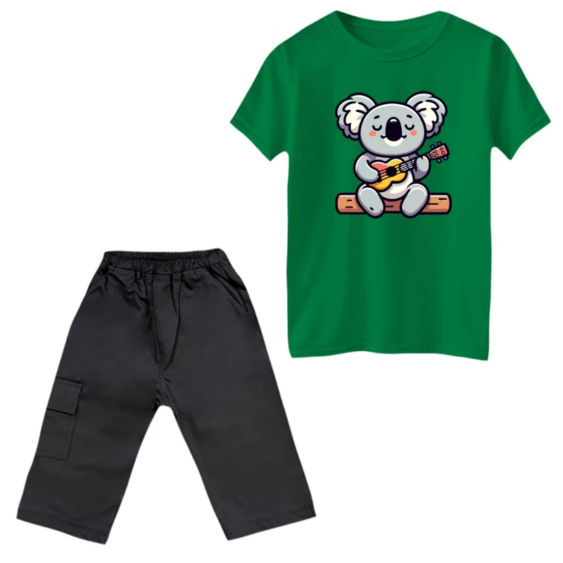 ست تی‌شرت و شلوارک پسرانه مدل کوالا و گیتار رنگ سبز