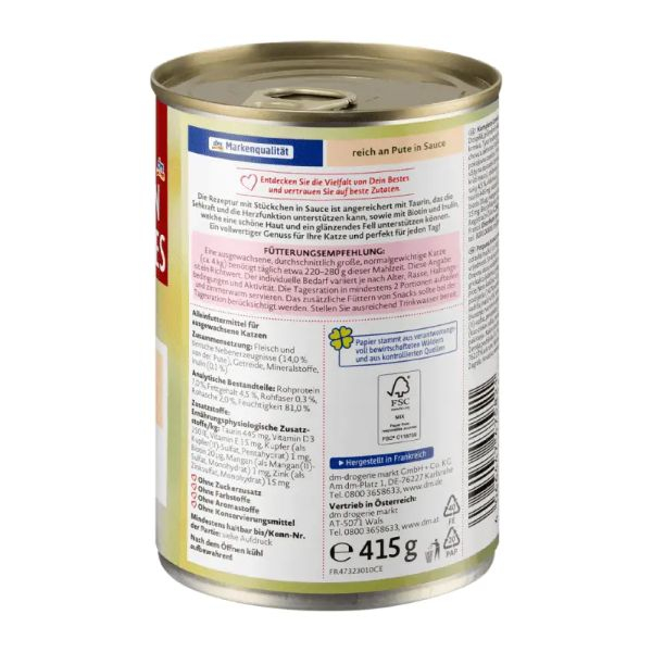 کنسرو غذای گربه بالغ دین بستس مدل تکه ای طعم بوقلمون وزن 400 گرم