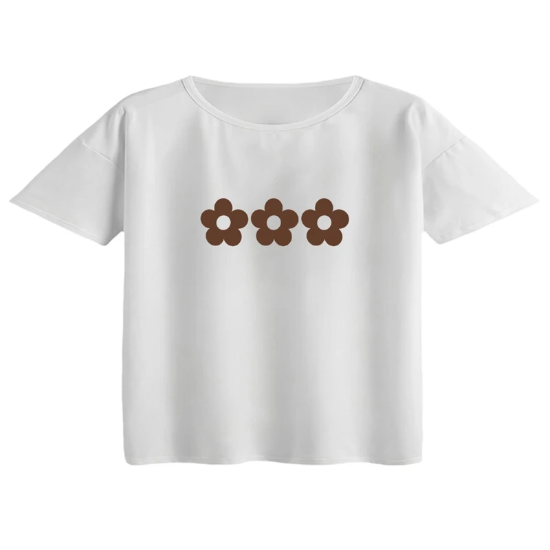 کراپ تی‌شرت آستین کوتاه زنانه مدل گل قهوه ای