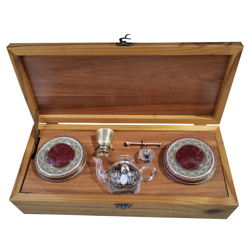 زعفران هدیه باکس چوبی - 4 گرم به همراه هاون و قوری