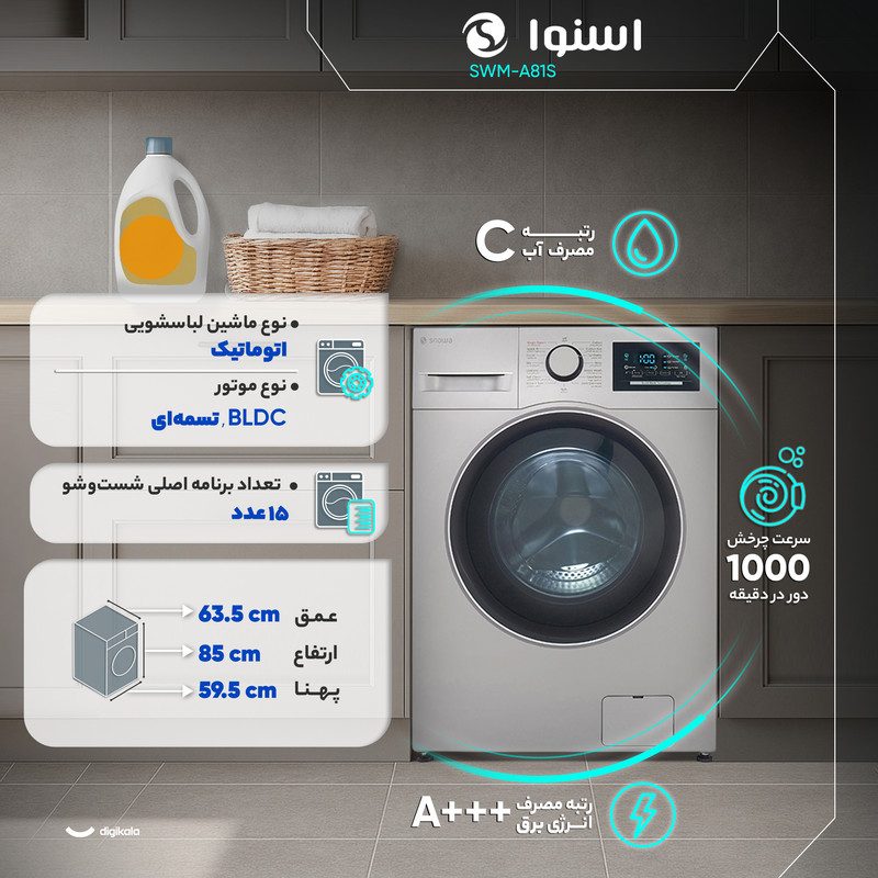 ماشین لباسشویی 8 کیلوگرم اتوماتیک اسنوا مدل SWM-A81S