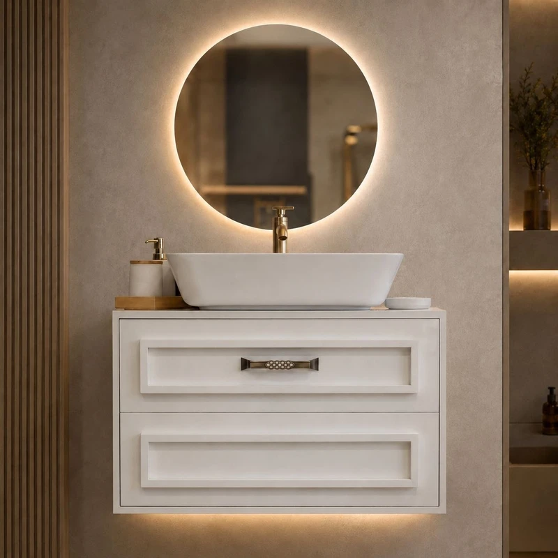 ست کابینت و روشویی دیواری مدل رویال به همراه آینه بک لایت
