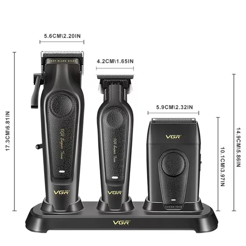 ست ماشین اصلاح موی سر و صورت و بدن شارژی وی جی ار مدل V-197 S3 وزن 600 گرم با باتری قابل شارژ و تیغه‌های استیل ضد زنگ و سرامیکی